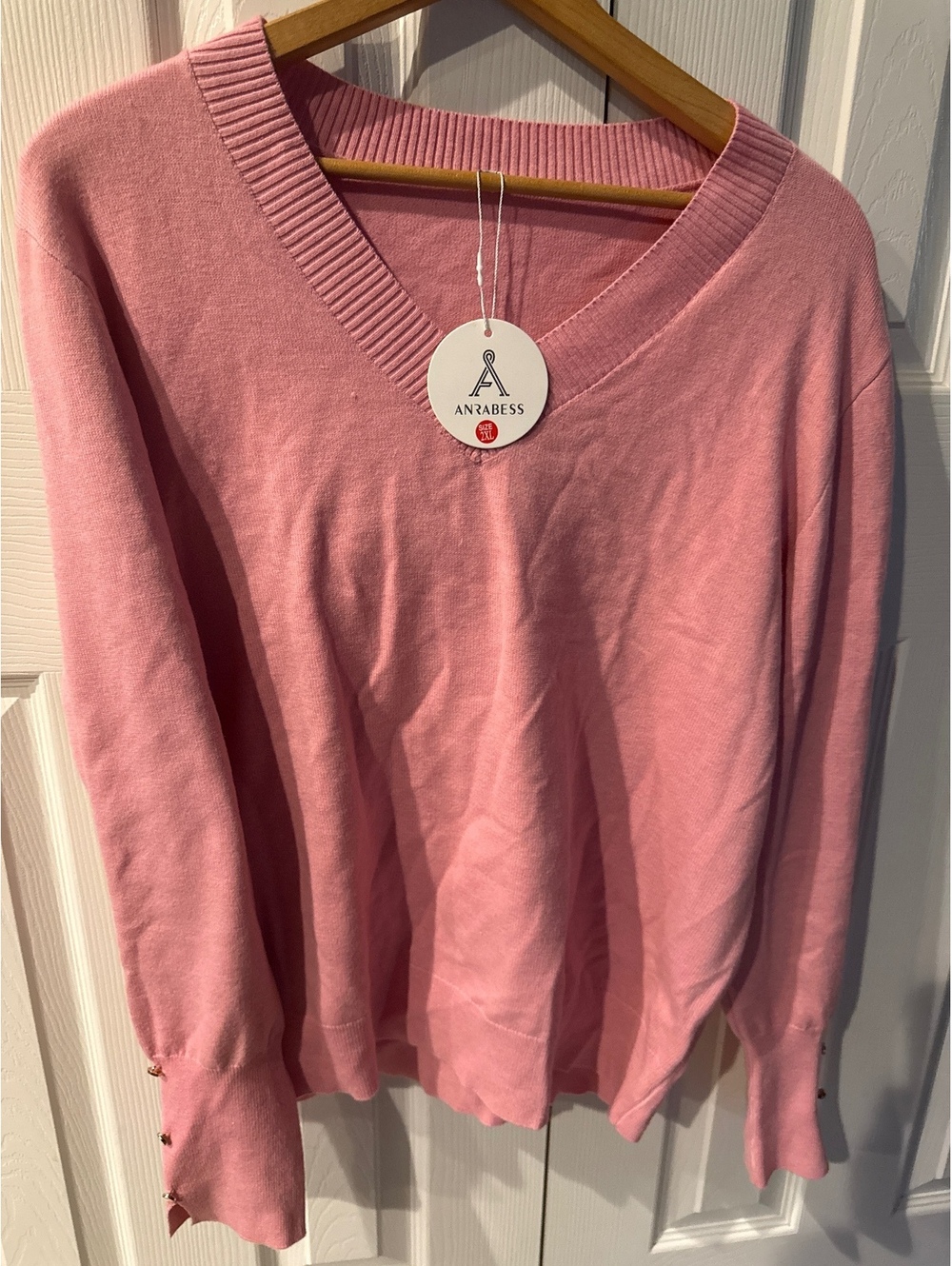 Anrabess Pink V-Neck Sweater with Gold Button Cuffs Size 2XL